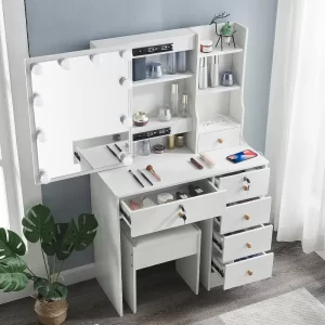 Vanity Set Dressing Table with Lighted Makeup Mirrors, Makeup Vanity Charging Station and Stool, Dressers for Bedroom Furniture