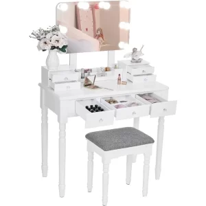 ANWBROAD Makeup Dressers  Desk Vanity Set with Lighted Mirror Makeup Dressing Table with Cushioned Stool